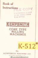Kempsmith-Kempsmith Type G, Milling Operations Parts and Maintenance Manual 1943-G-01